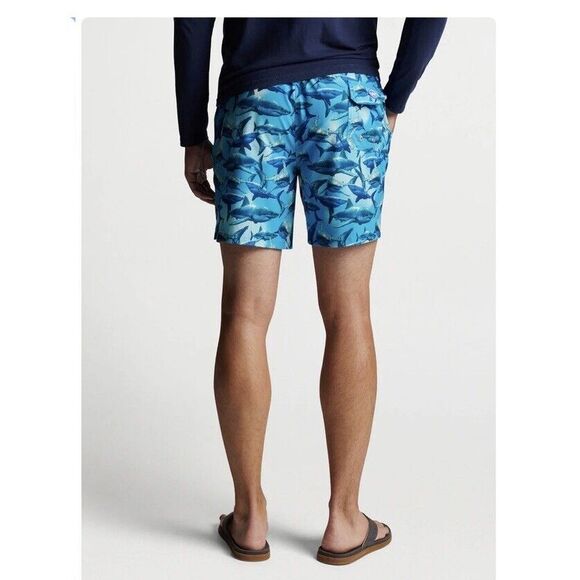 NWT PETER MILLAR Crown Tropical Trepidation Sharks Swim Trunks RADBL Blue Sz XL - Picture 2 of 9
